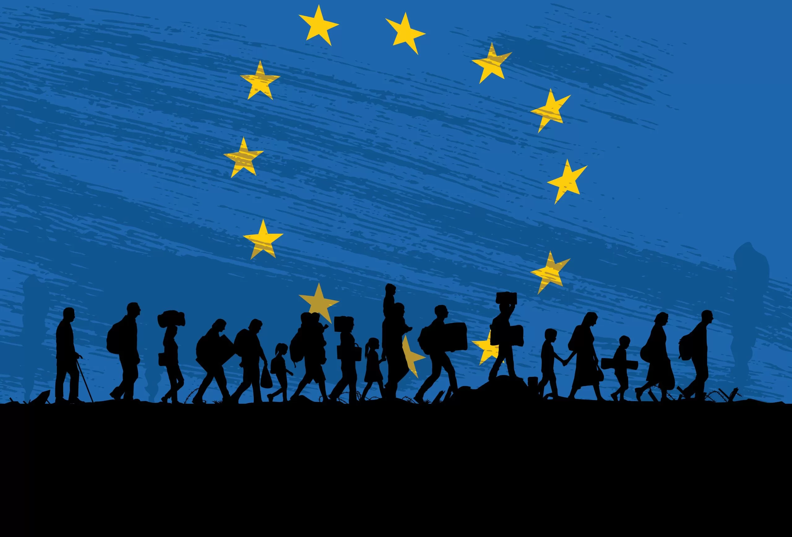 Refugee silhouettes with an EU flag background