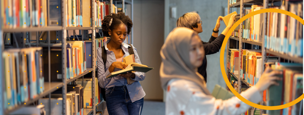 Three students on a campus.